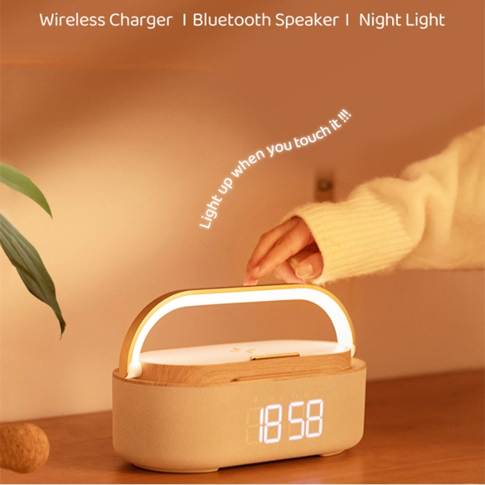 Multifunctional Time Clock Alarm Clock Dimming LED Mood Lighting Speaker 15W Wireless Charger